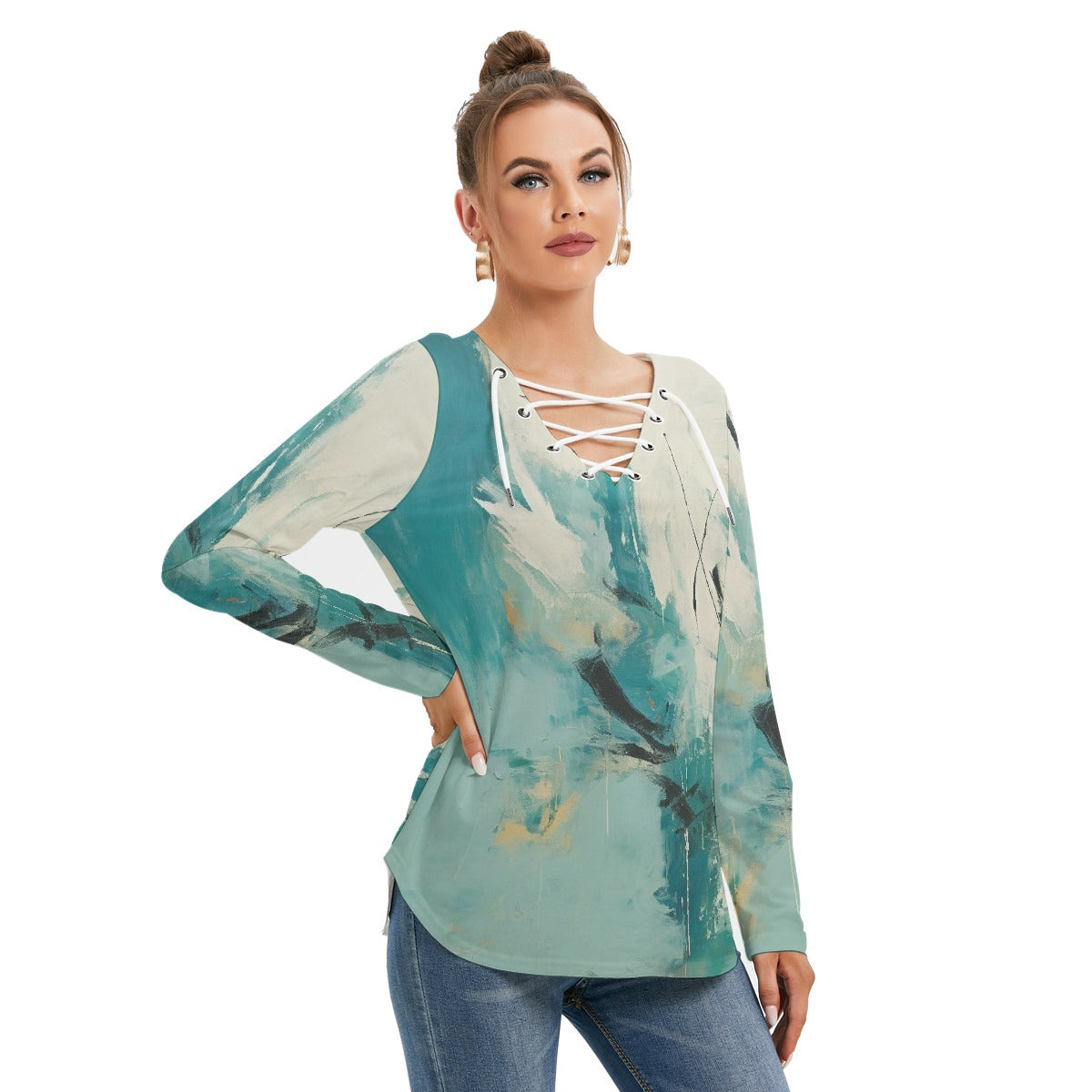 All-Over Print Women's Long Sleeve Neckline Tie Sweatshirt