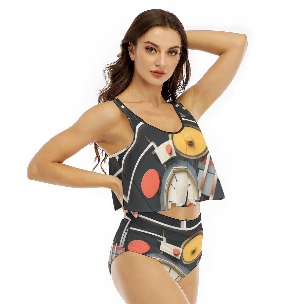 All-Over Print Women's Ruffled Vest Bikini Swimsuit