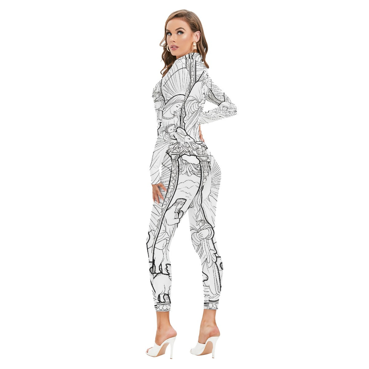 All-Over Print Women's Long-sleeved High-neck Jumpsuit With Zipper