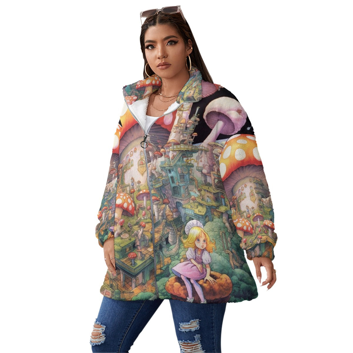 All-Over Print Unisex Borg Fleece Stand-up Collar Coat With Zipper Closure(Plus Size)