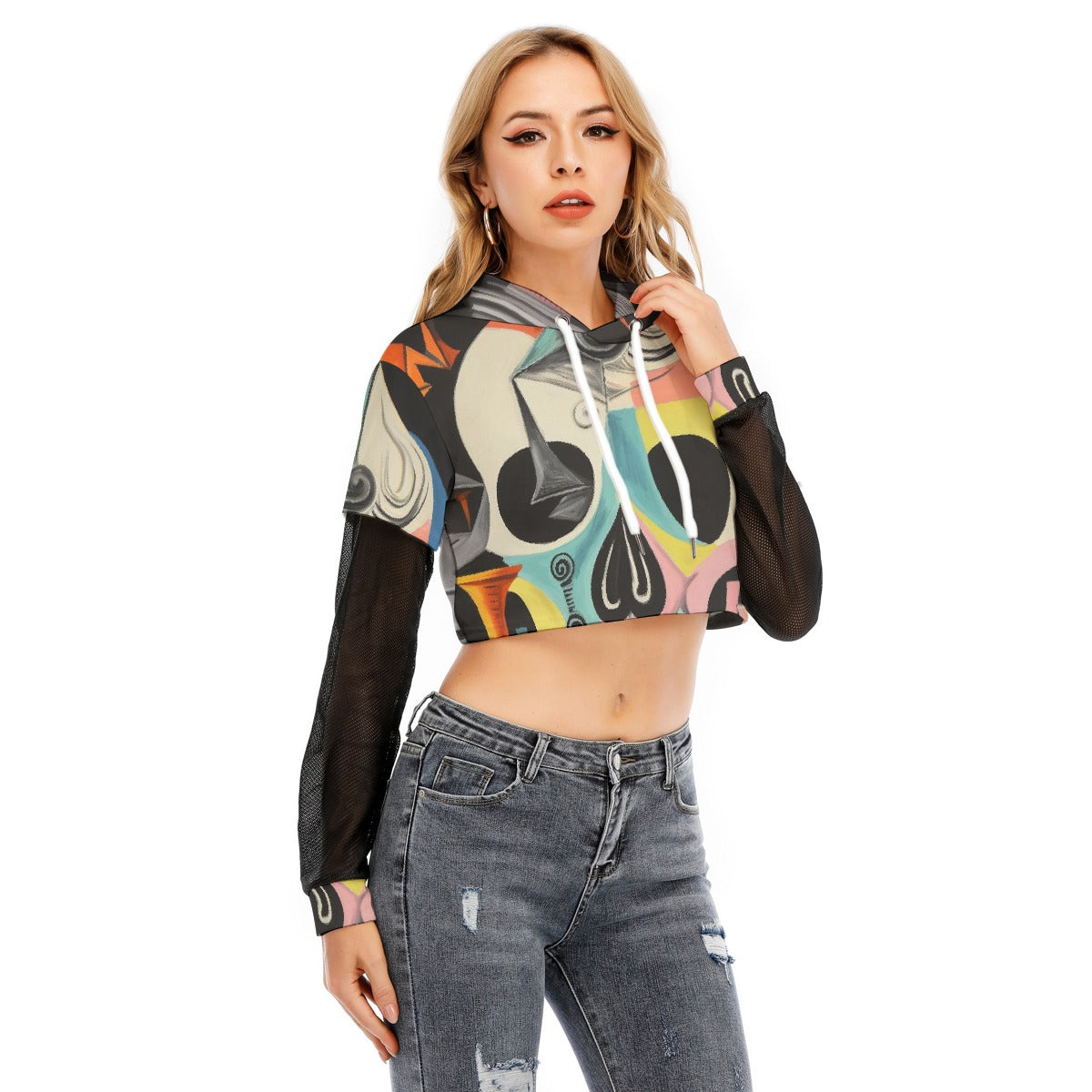 All-Over Print Women's Fake Two-piece Mesh Sleeve Cropped Hoodie