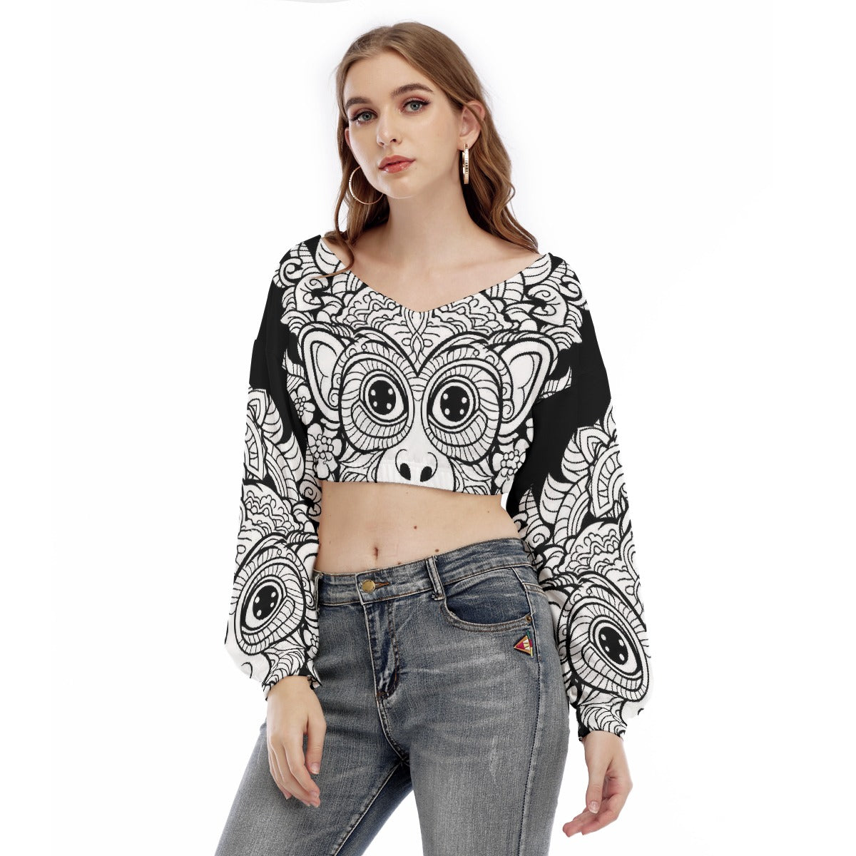 All-Over Print Women's V-neck Long Sleeve Cropped Sweatshirt