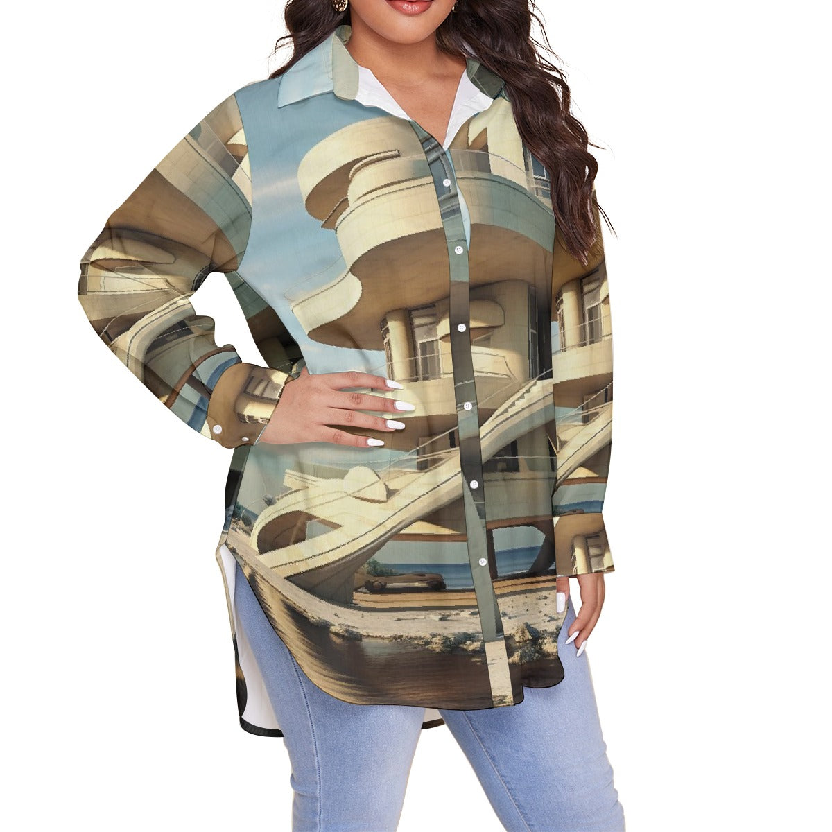 All-Over Print Women's Shirt With Long Sleeve(Plus Size)