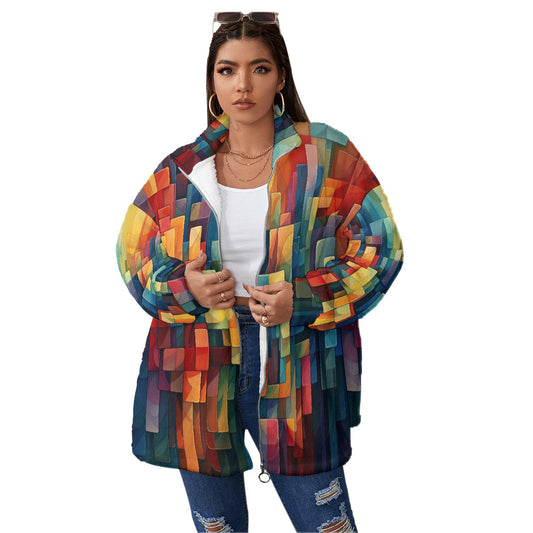 All-Over Print Unisex Borg Fleece Stand-up Collar Coat With Zipper Closure(Plus Size)