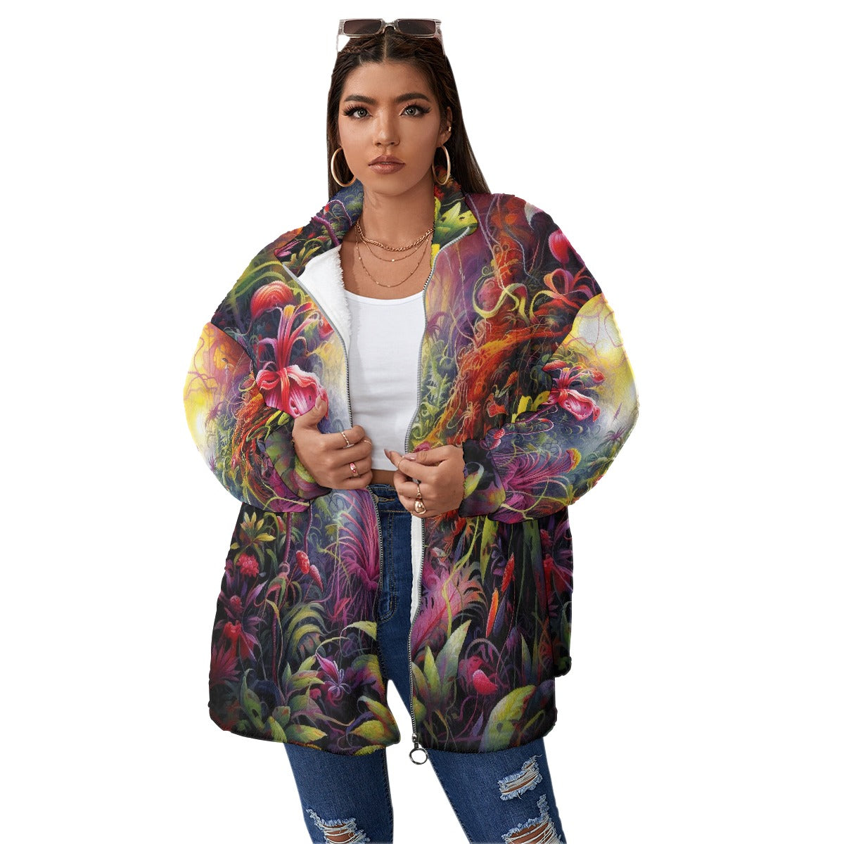 All-Over Print Unisex Borg Fleece Stand-up Collar Coat With Zipper Closure(Plus Size)
