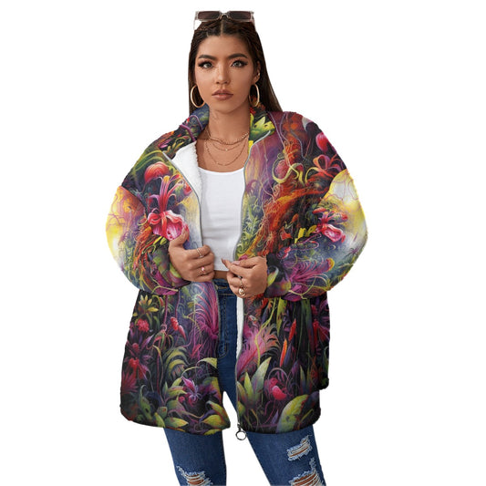 All-Over Print Unisex Borg Fleece Stand-up Collar Coat With Zipper Closure(Plus Size)
