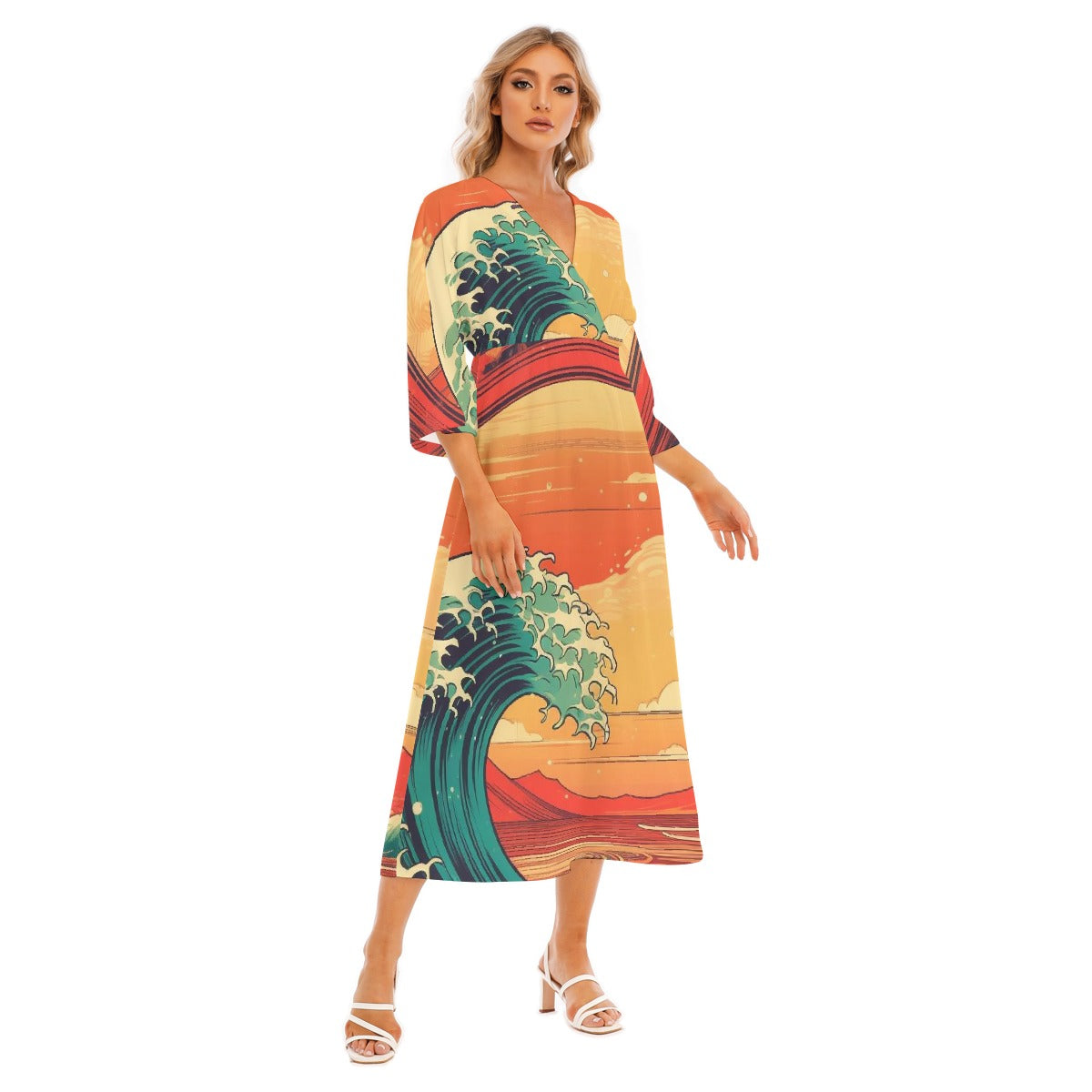All-Over Print Women's Mid-Sleeve Long Dress
