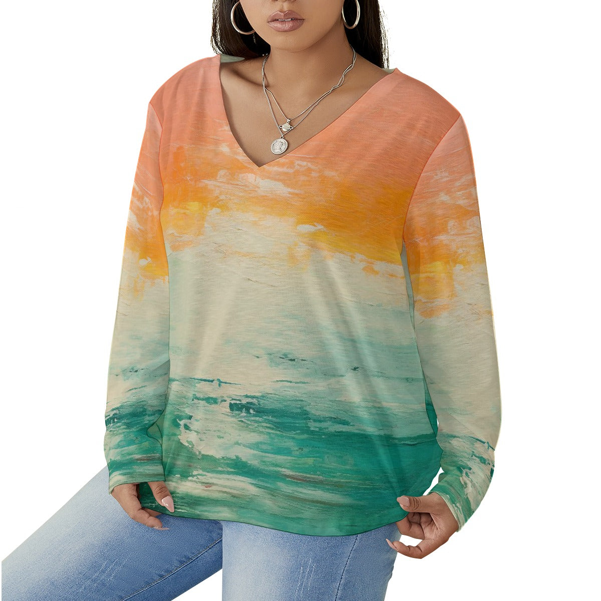 All-Over Print Women's V-neck T-shirt With Curved Hem(Plus Size)