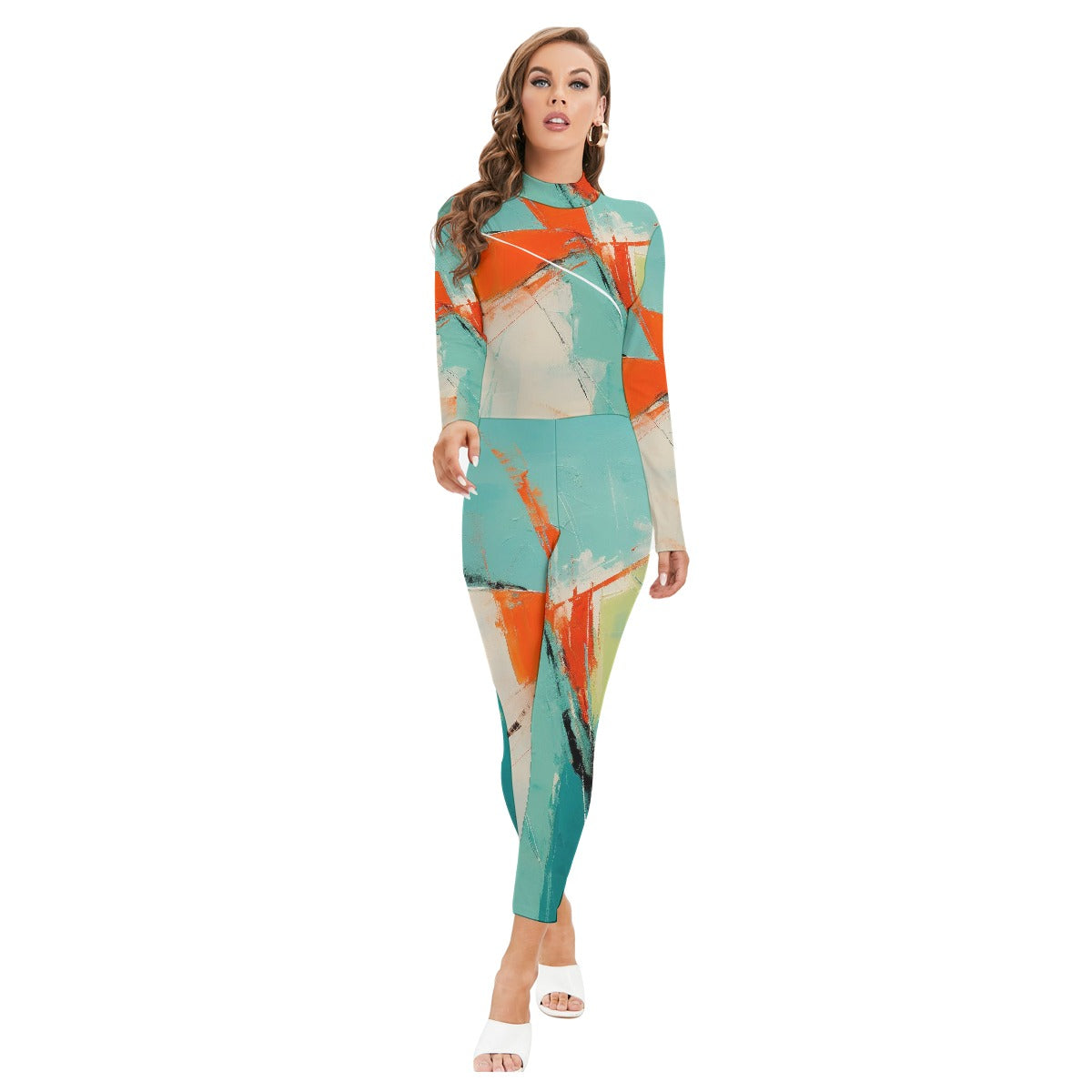 All-Over Print Women's Long-sleeved High-neck Jumpsuit With Zipper