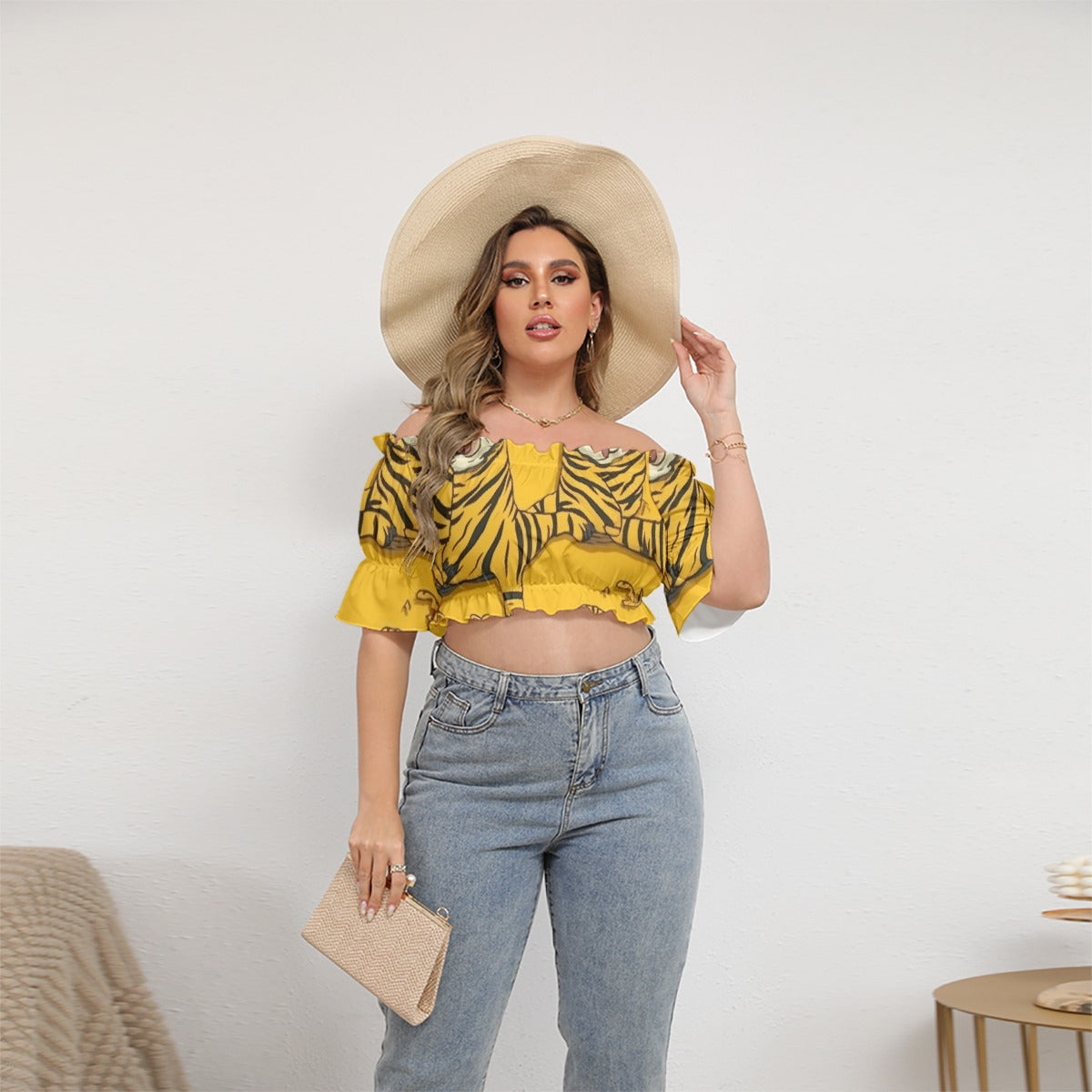 All-Over Print Women's Off-shoulder Cropped Top With Short Puff Sleeve