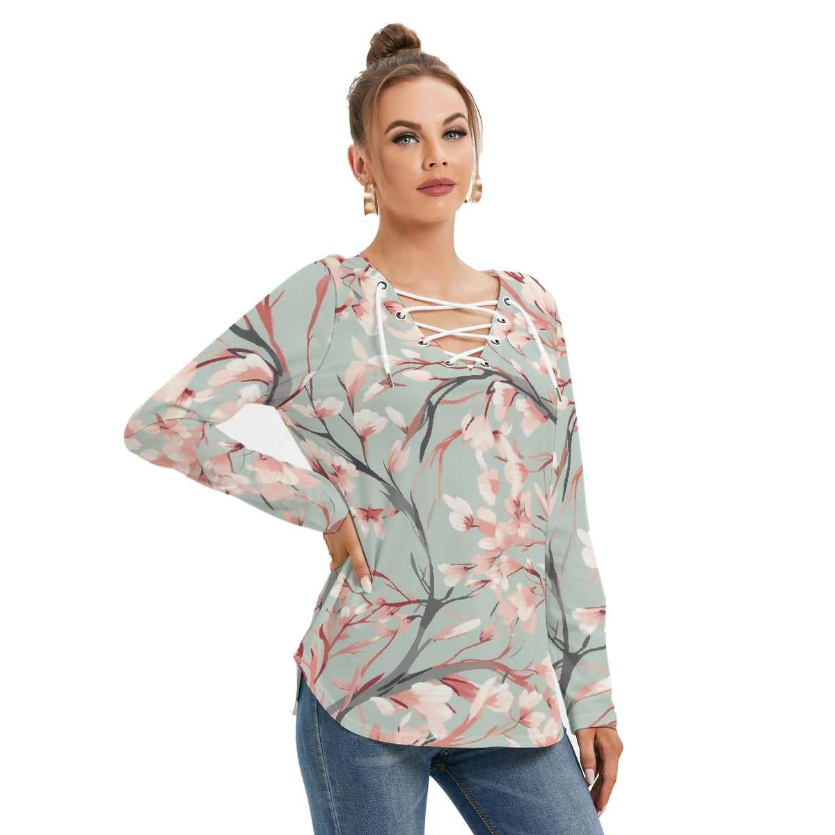 All-Over Print Women's Long Sleeve Neckline Tie Sweatshirt