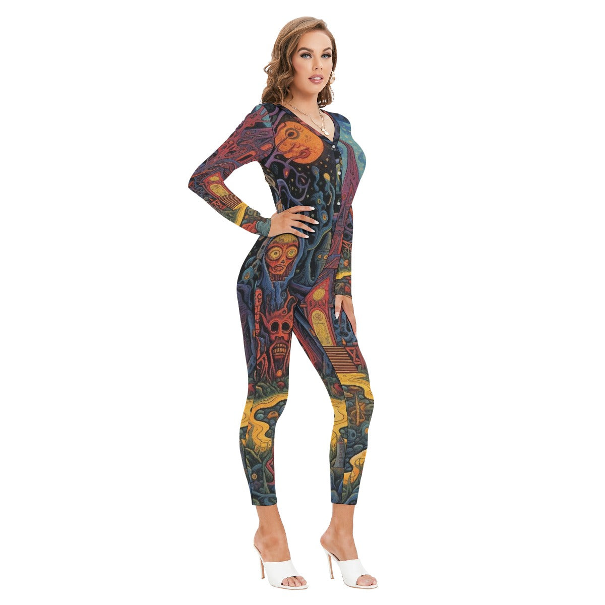 All-Over Print Women's Plunging Neck Jumpsuit