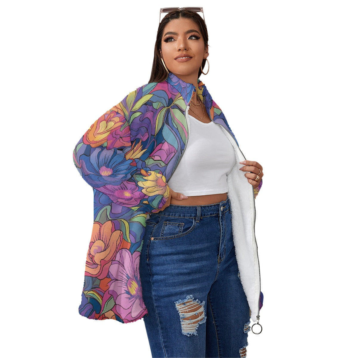 All-Over Print Unisex Borg Fleece Stand-up Collar Coat With Zipper Closure(Plus Size)