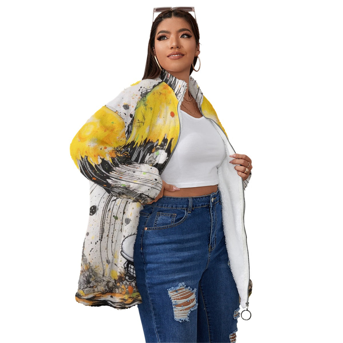 All-Over Print Unisex Borg Fleece Stand-up Collar Coat With Zipper Closure(Plus Size)