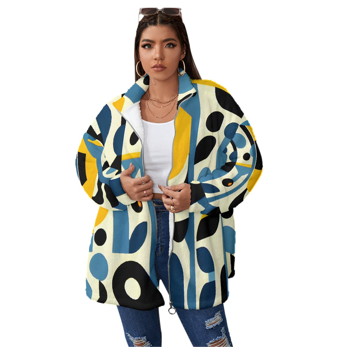 All-Over Print Unisex Borg Fleece Stand-up Collar Coat With Zipper Closure(Plus Size)