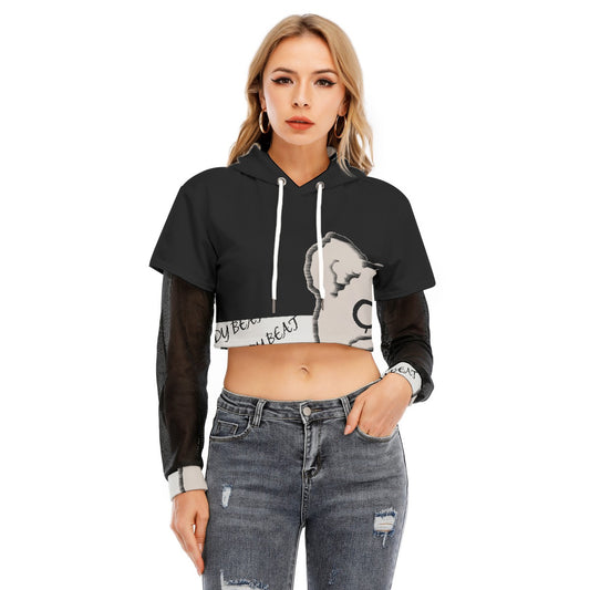 All-Over Print Women's Fake Two-piece Mesh Sleeve Cropped Hoodie