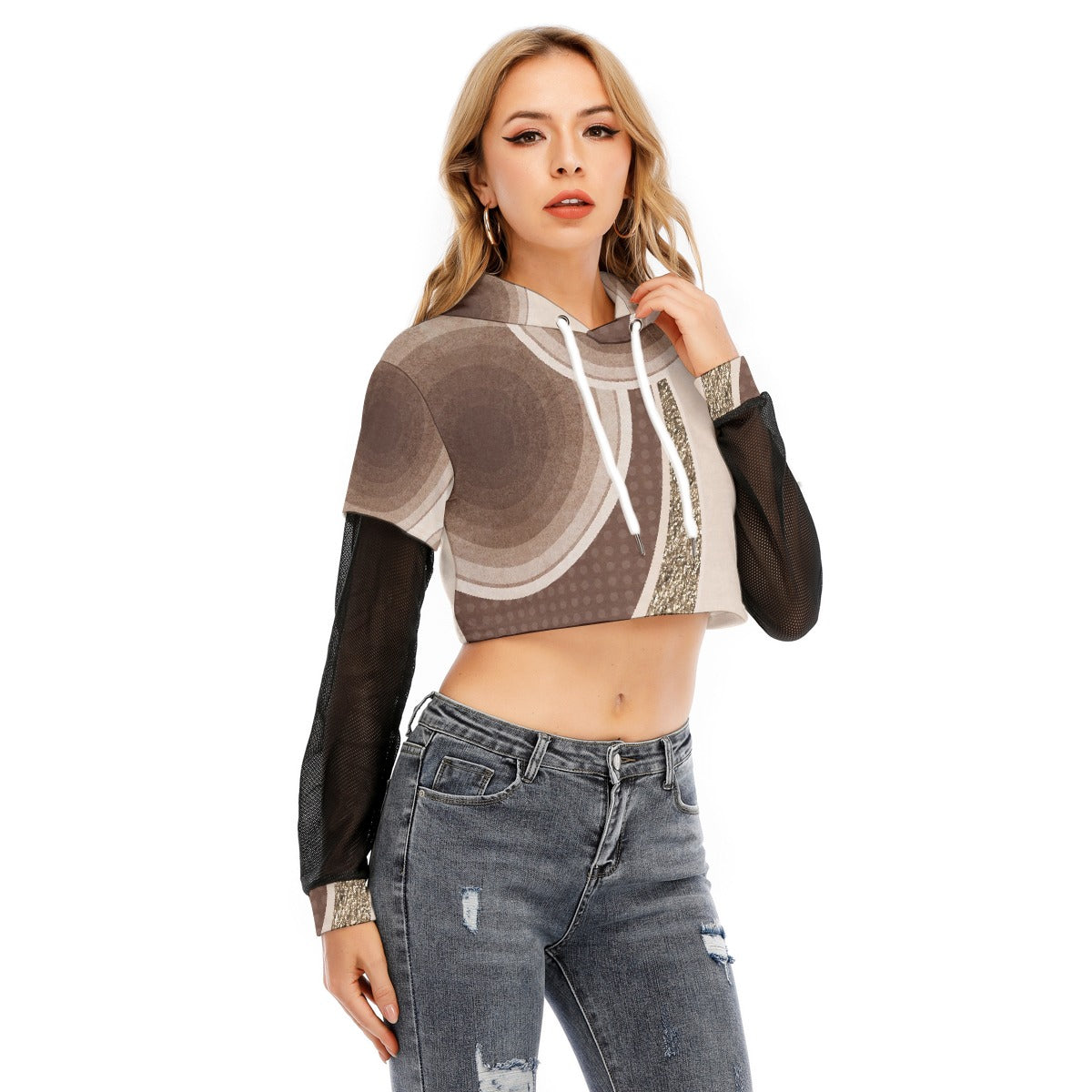 All-Over Print Women's Fake Two-piece Mesh Sleeve Cropped Hoodie