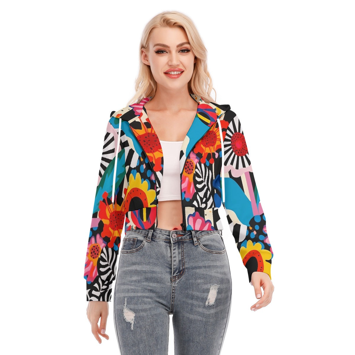 All-Over Print Women's Crop Top Hoodie With Zipper Closure