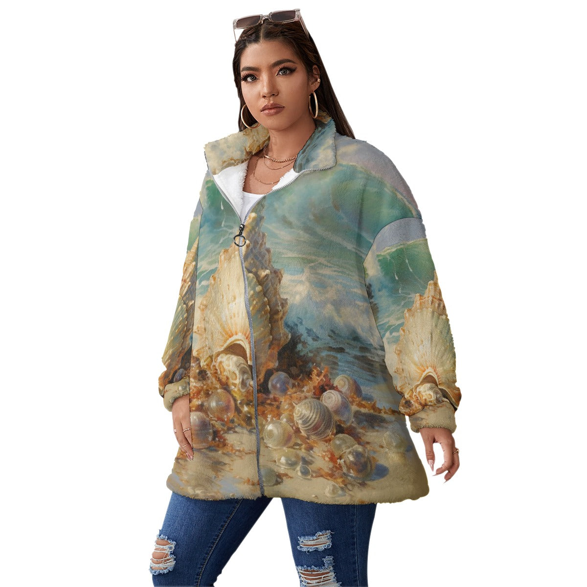 All-Over Print Unisex Borg Fleece Stand-up Collar Coat With Zipper Closure(Plus Size)