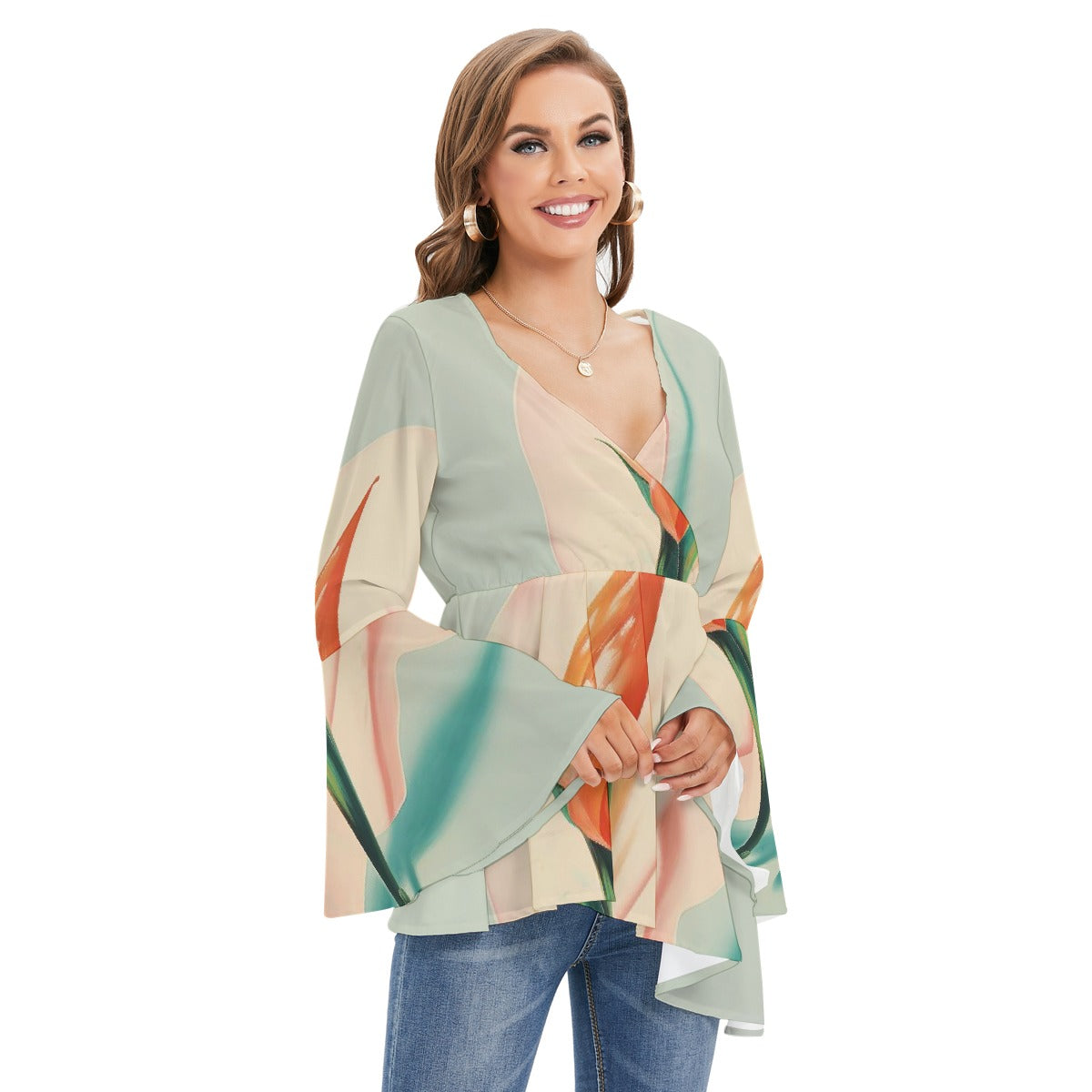 All-Over Print Women's V-neck Blouse With Flared Sleeves