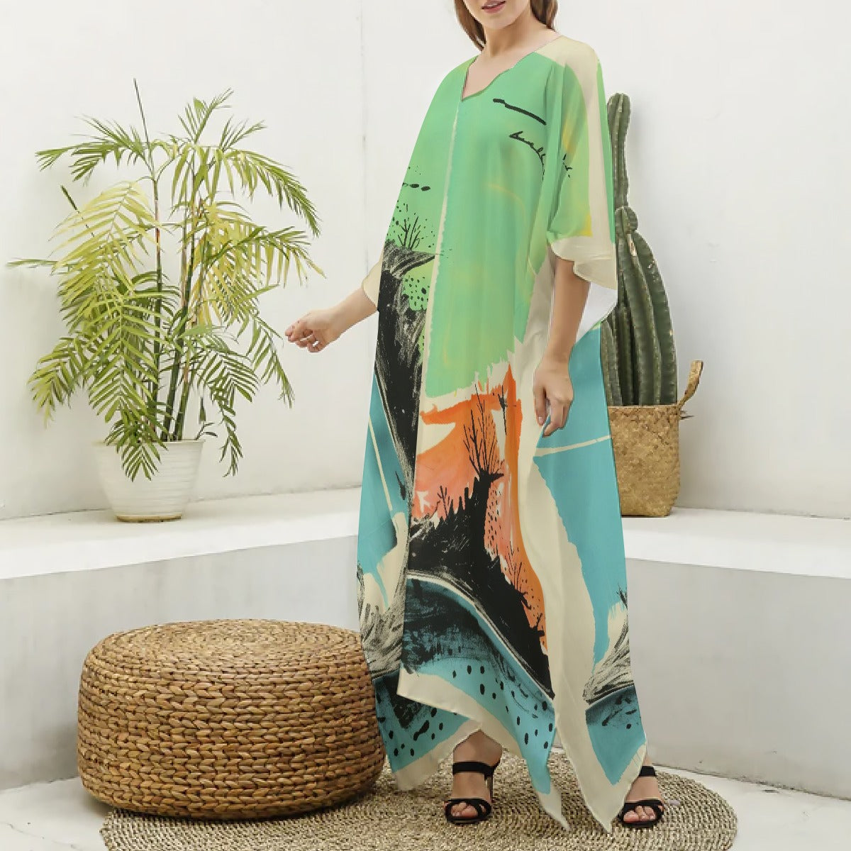 All-Over Print Women's Imitation Silk V-neck Kaftan Robe