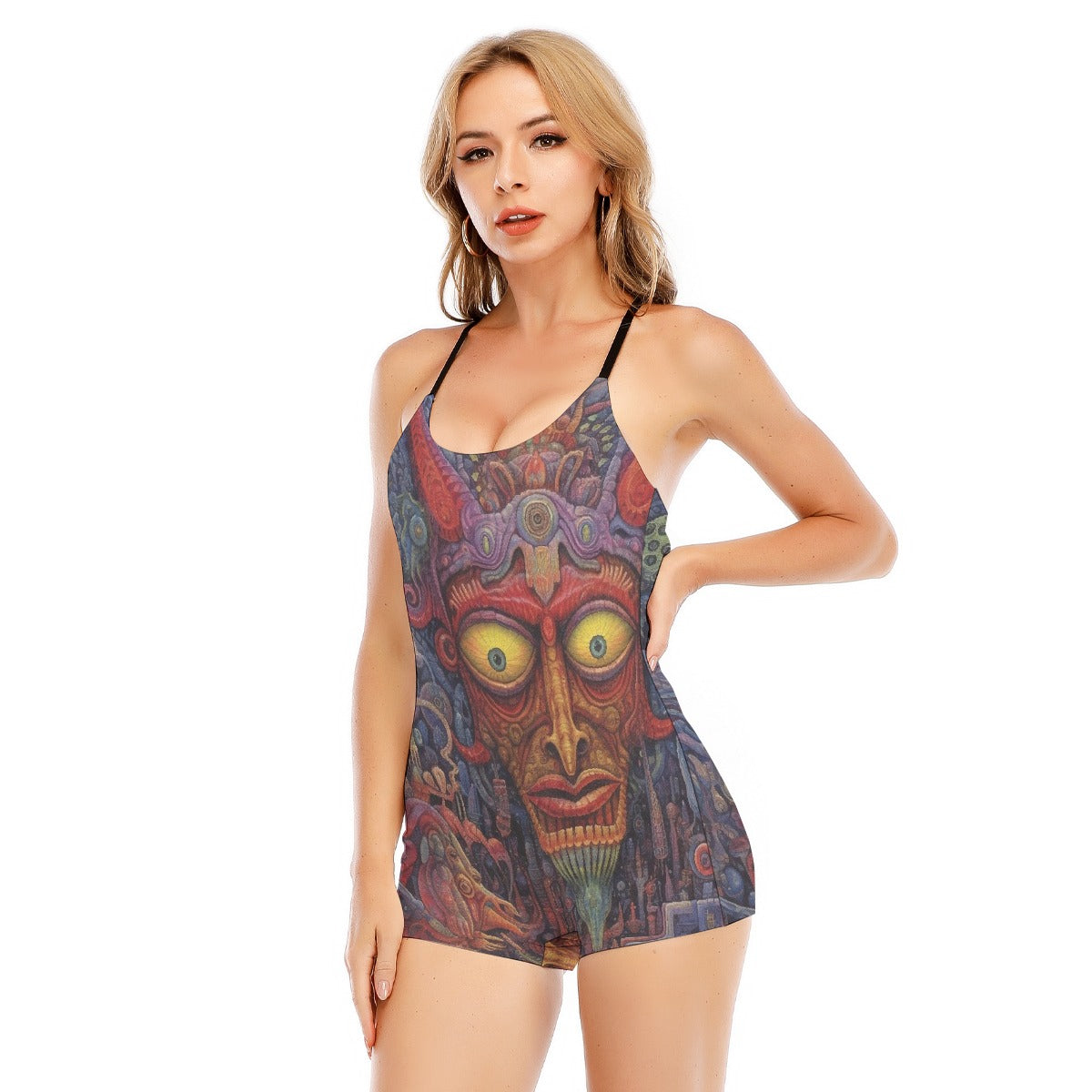All-Over Print Women's Backless Romper With Black Straps
