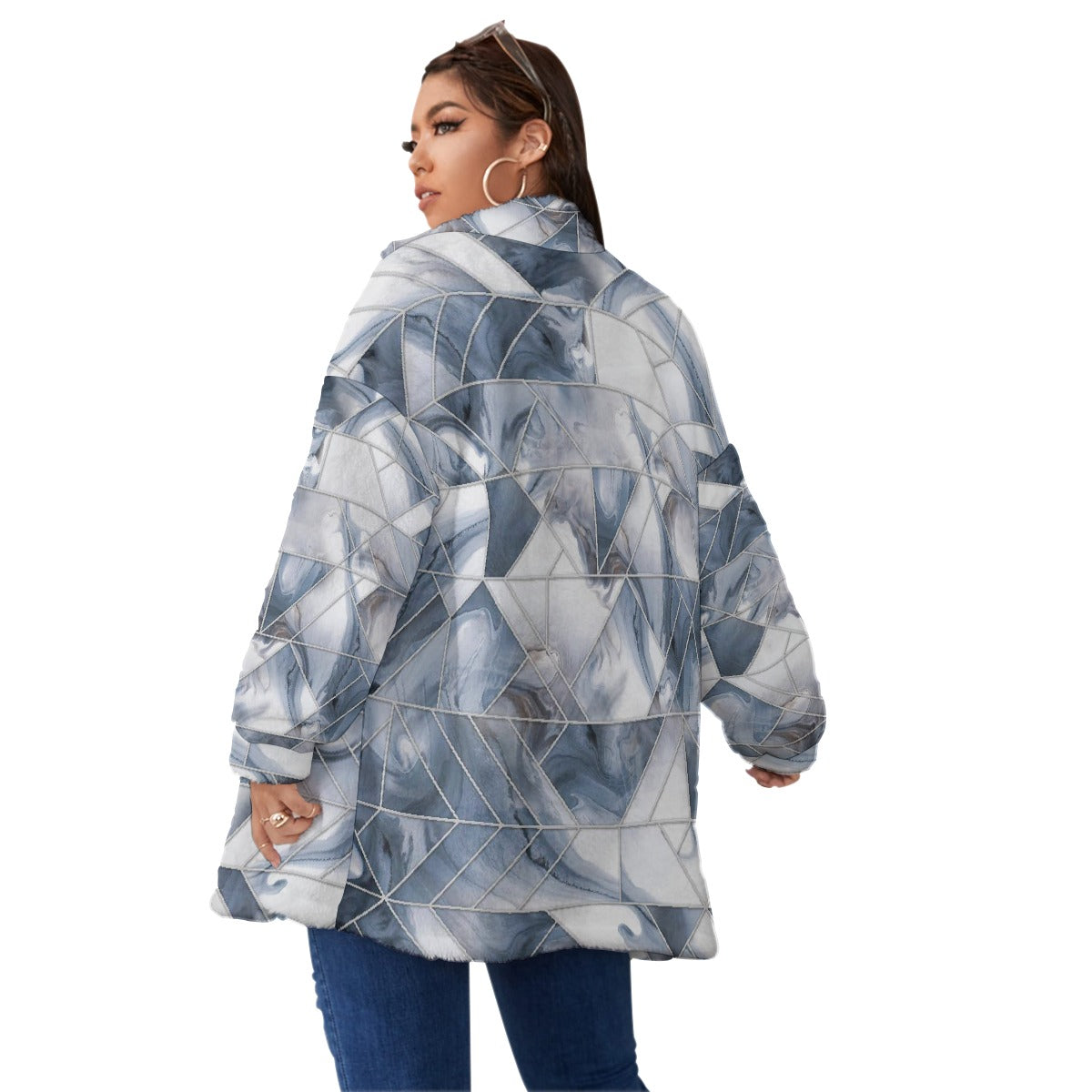 All-Over Print Unisex Borg Fleece Stand-up Collar Coat With Zipper Closure(Plus Size)