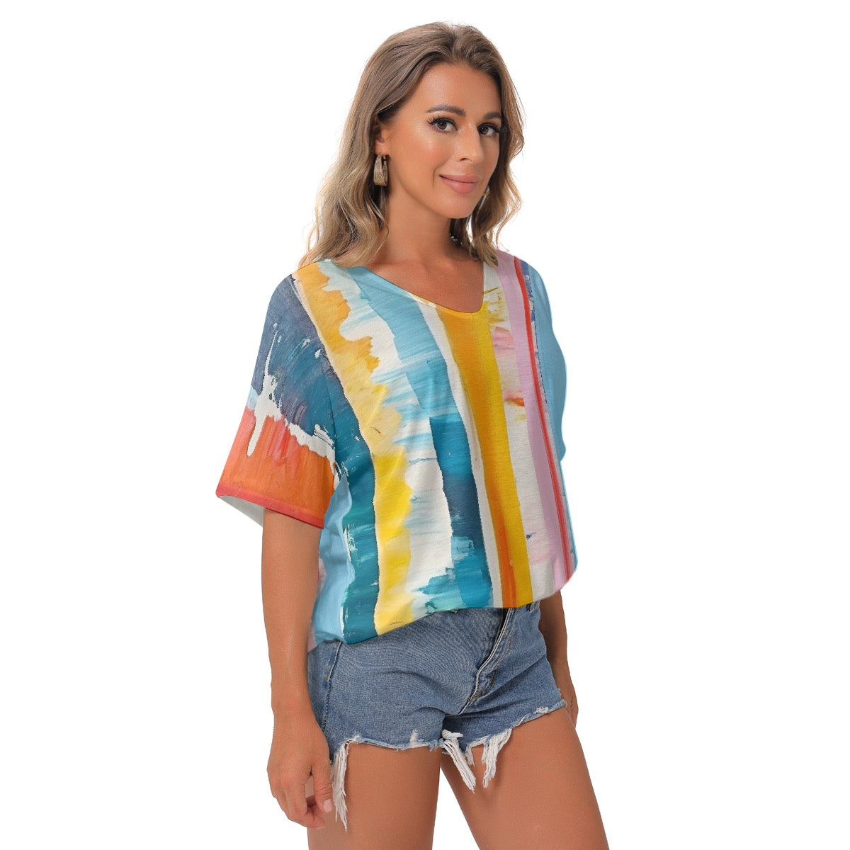 All-Over Print Women's Bat Sleeves V-Neck Blouse