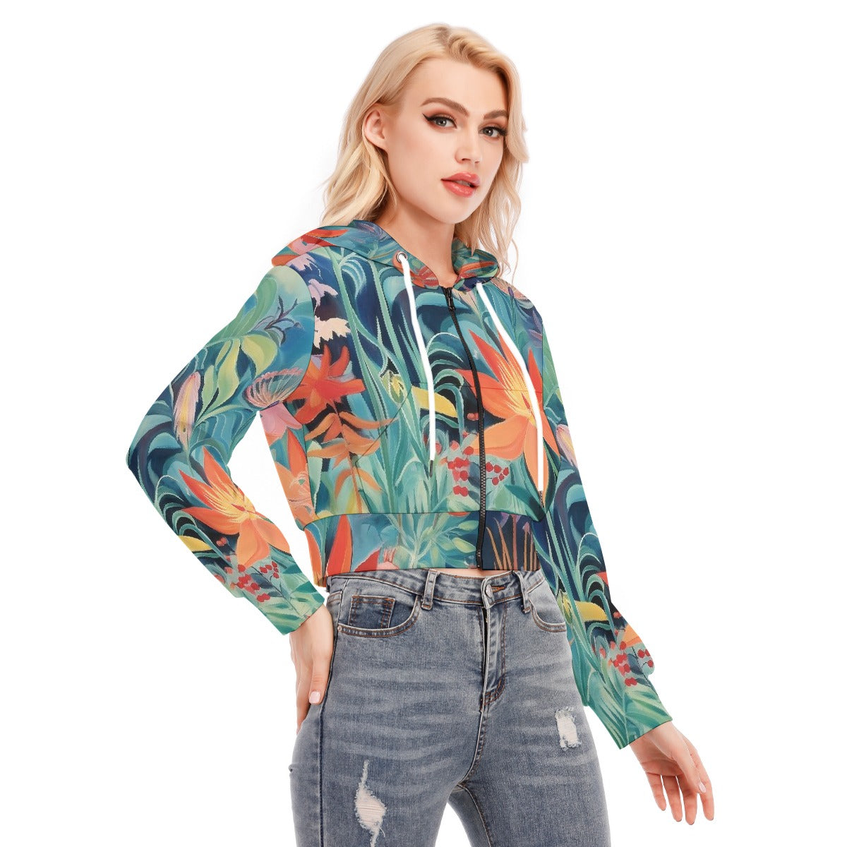 All-Over Print Women's Crop Top Hoodie With Zipper Closure