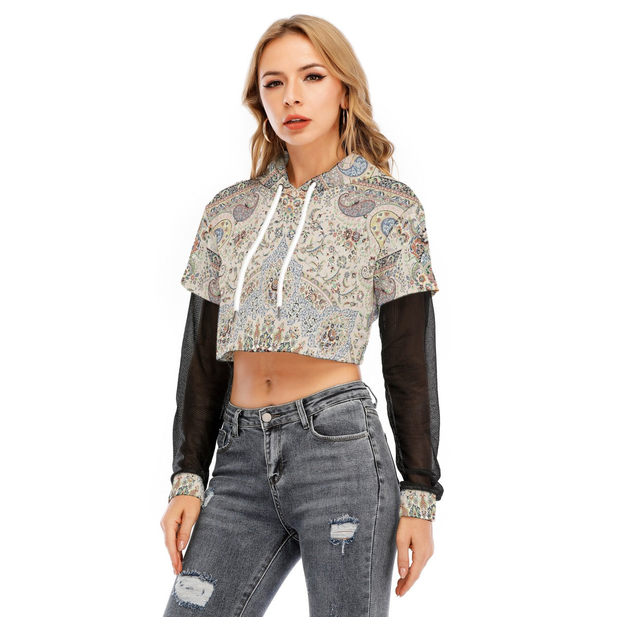 All-Over Print Women's Fake Two-piece Mesh Sleeve Cropped Hoodie
