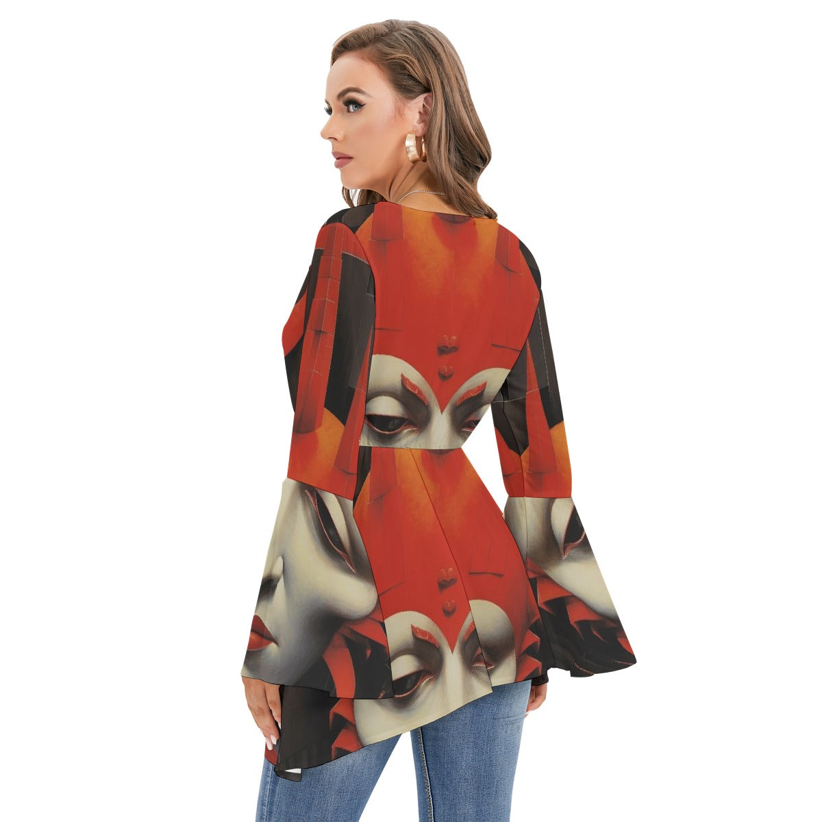 All-Over Print Women's V-neck Blouse With Flared Sleeves