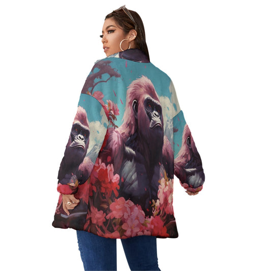 All-Over Print Unisex Borg Fleece Stand-up Collar Coat With Zipper Closure(Plus Size)