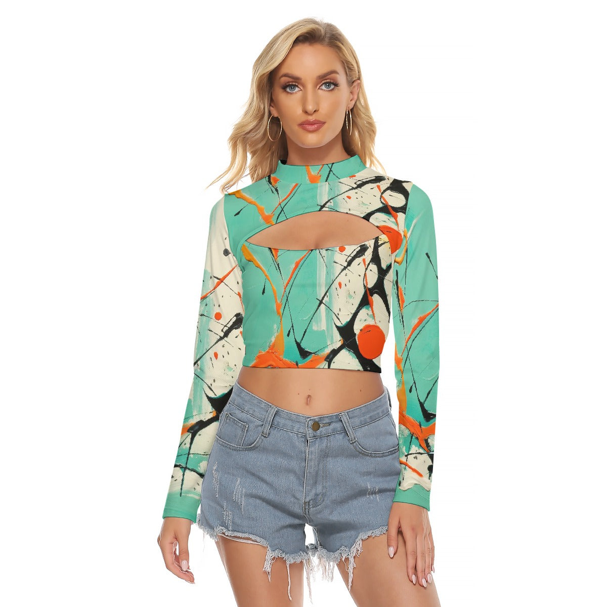 All-Over Print Women's Hollow Chest Keyhole Tight Crop Top