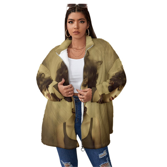 All-Over Print Unisex Borg Fleece Stand-up Collar Coat With Zipper Closure(Plus Size)