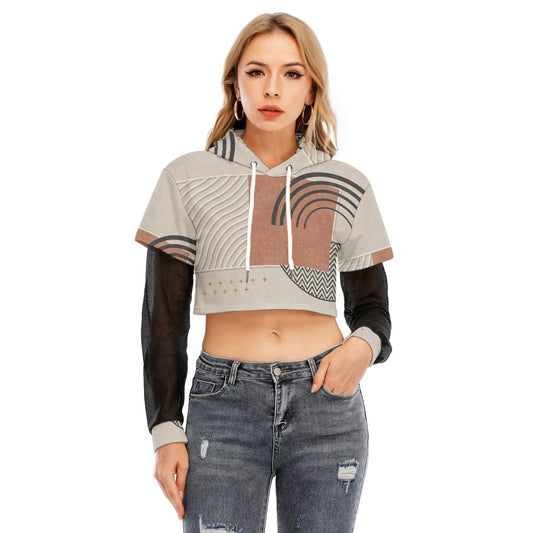 All-Over Print Women's Fake Two-piece Mesh Sleeve Cropped Hoodie