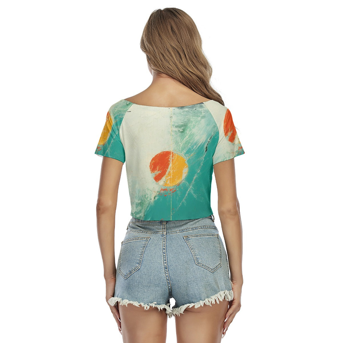 All-Over Print Women's Raglan Drawstring Front  Crop Tee