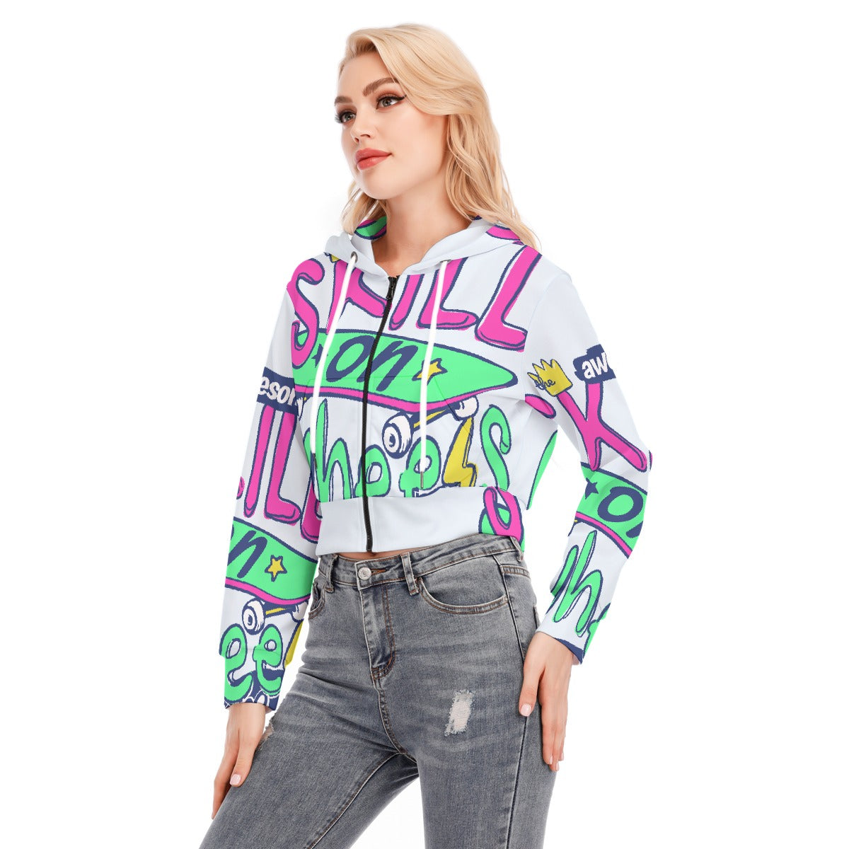 All-Over Print Women's Crop Top Hoodie With Zipper Closure