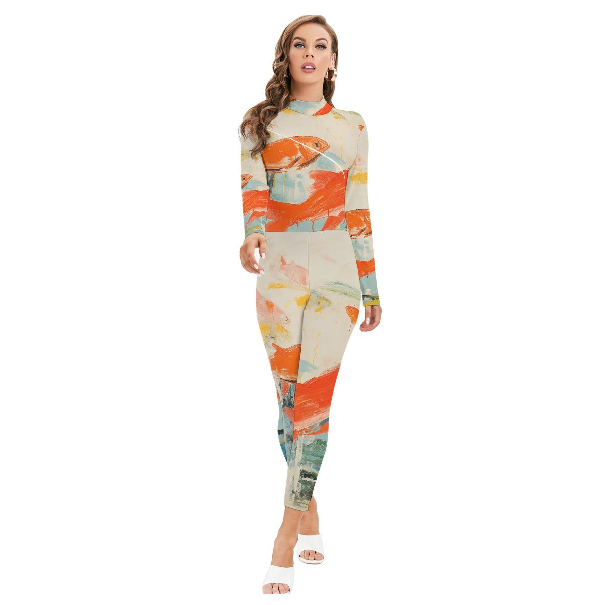 All-Over Print Women's Long-sleeved High-neck Jumpsuit With Zipper