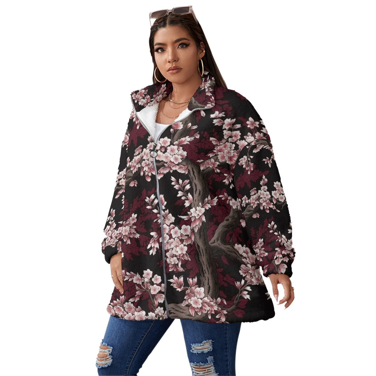 All-Over Print Unisex Borg Fleece Stand-up Collar Coat With Zipper Closure(Plus Size)