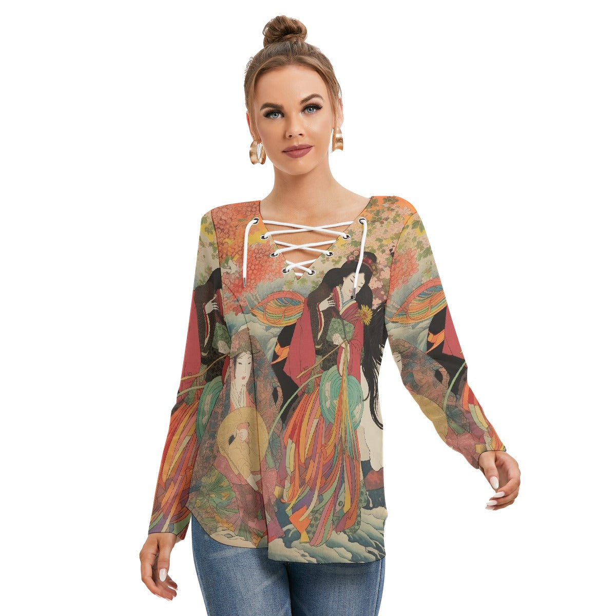 All-Over Print Women's Long Sleeve Neckline Tie Sweatshirt
