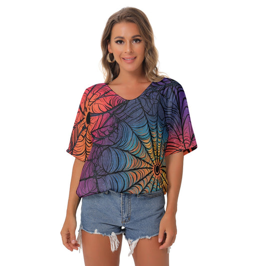 All-Over Print Women's Bat Sleeves V-Neck Blouse