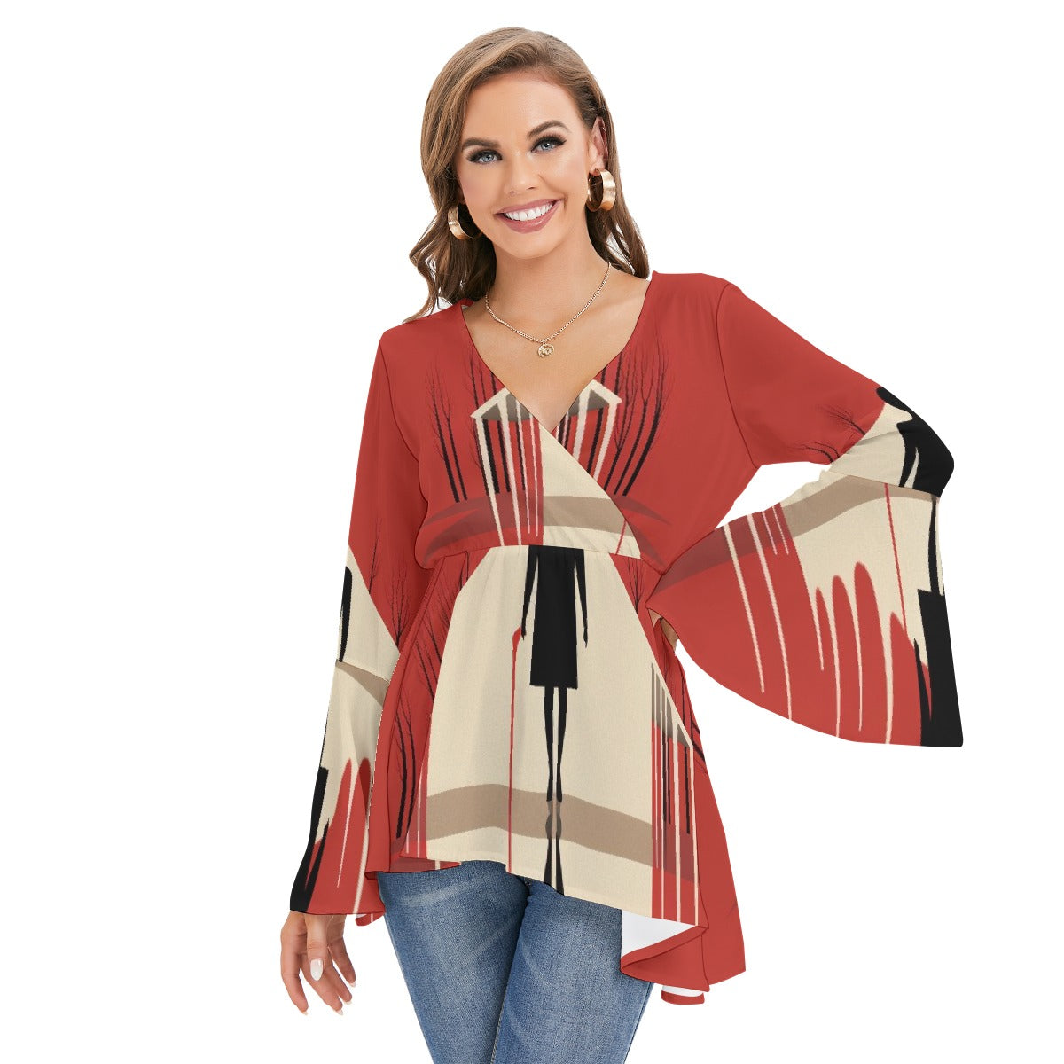 All-Over Print Women's V-neck Blouse With Flared Sleeves