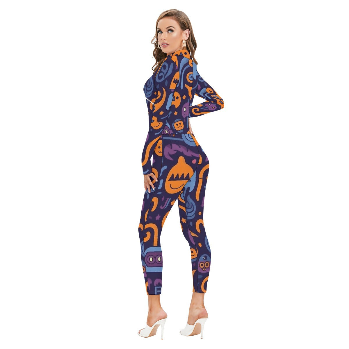 All-Over Print Women's Long-sleeved High-neck Jumpsuit With Zipper