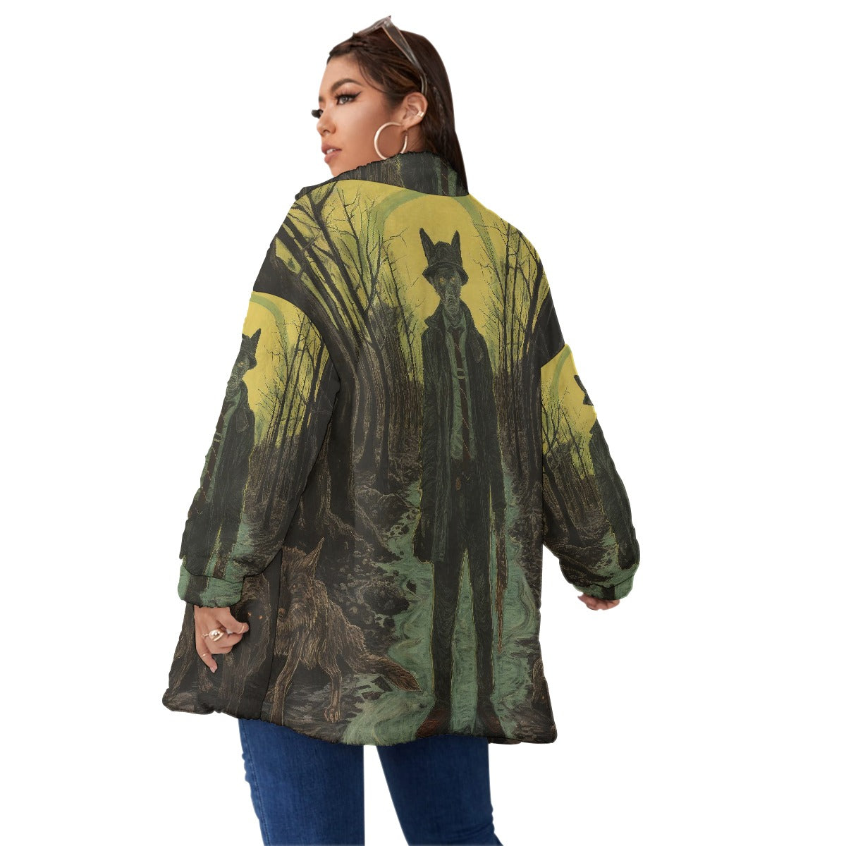 All-Over Print Unisex Borg Fleece Stand-up Collar Coat With Zipper Closure(Plus Size)