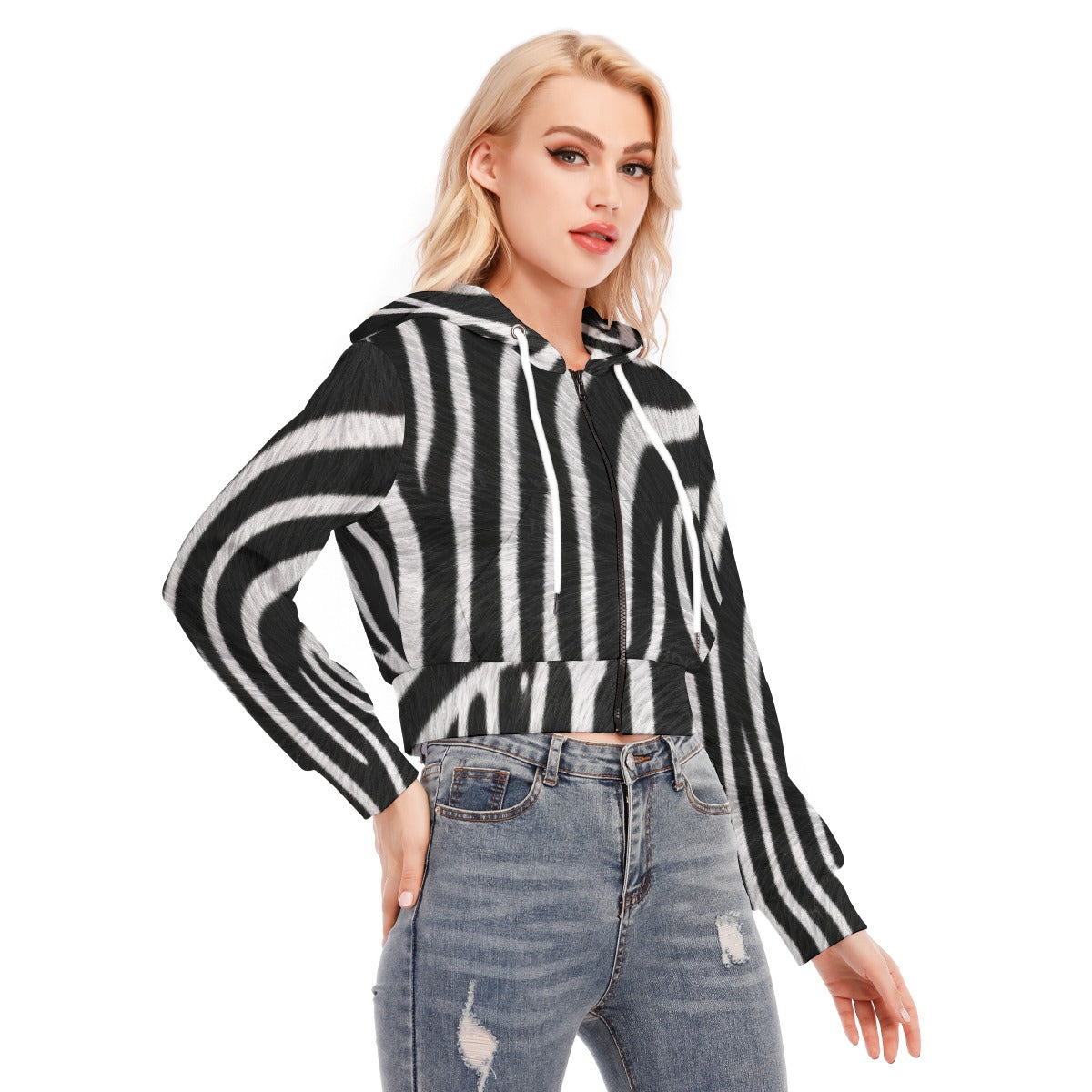 All-Over Print Women's Crop Top Hoodie With Zipper Closure