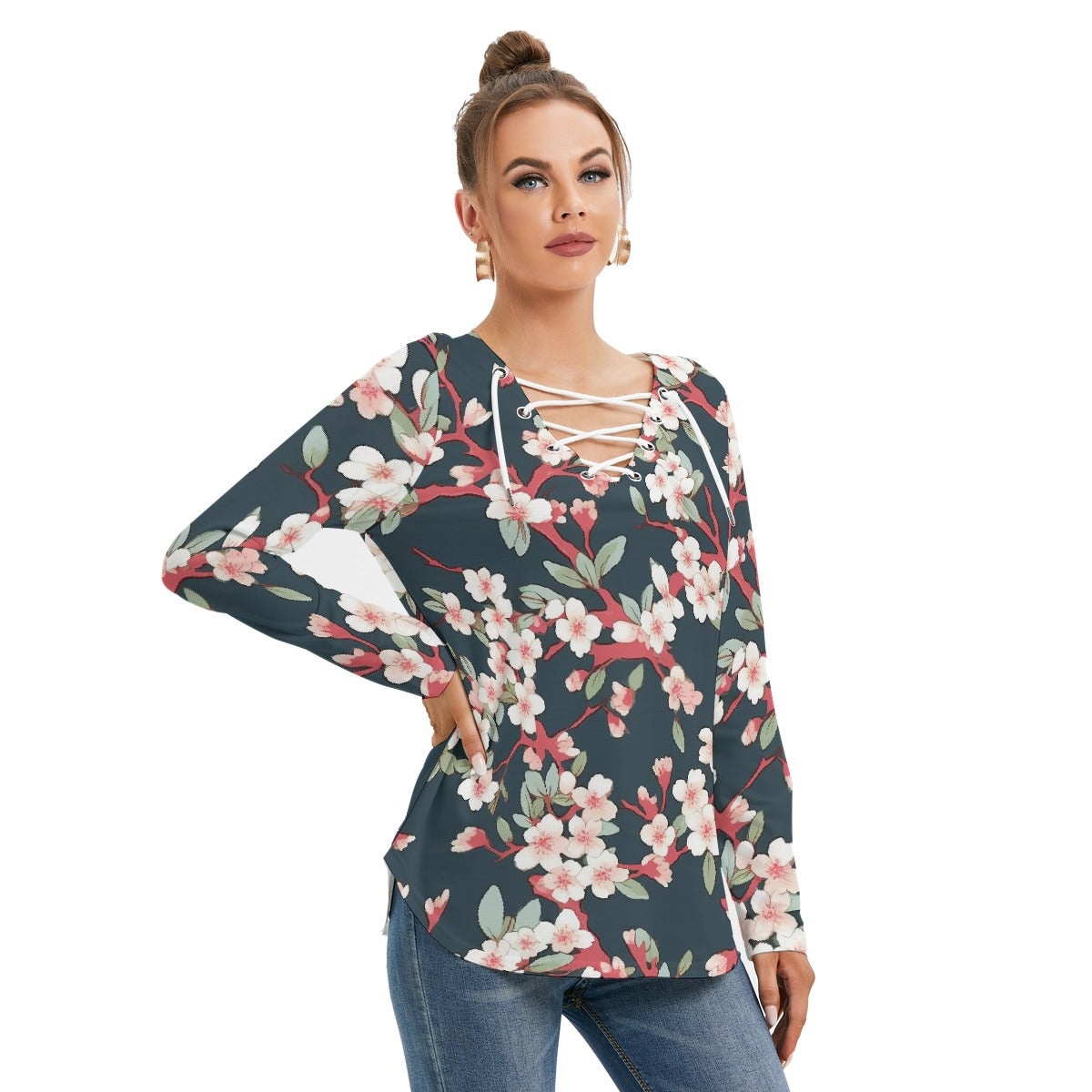 All-Over Print Women's Long Sleeve Neckline Tie Sweatshirt