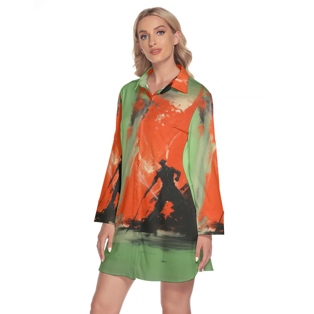 All-Over Print Women's Lapel Shirt Dress With Long Sleeve