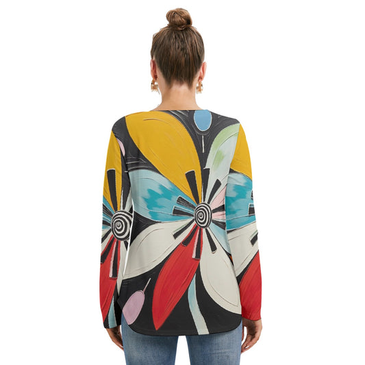 All-Over Print Women's Long Sleeve Neckline Tie Sweatshirt