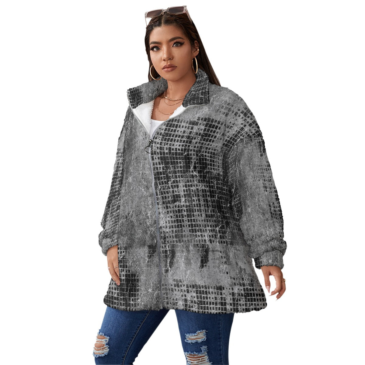 All-Over Print Unisex Borg Fleece Stand-up Collar Coat With Zipper Closure(Plus Size)