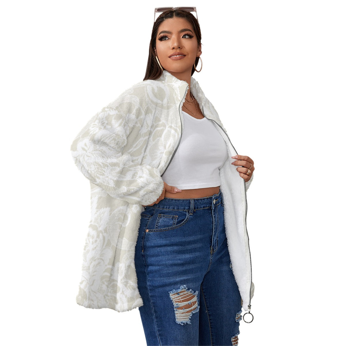 All-Over Print Unisex Borg Fleece Stand-up Collar Coat With Zipper Closure(Plus Size)